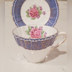 Vintage Gladstone Bone China Teacup And Saucer Blue Scallop Edge Gold Accent